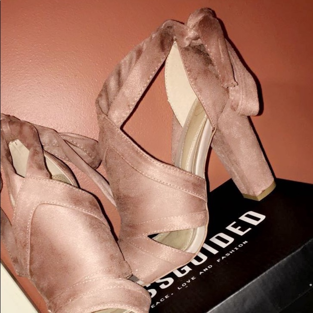 Pink suede tie detail block heels